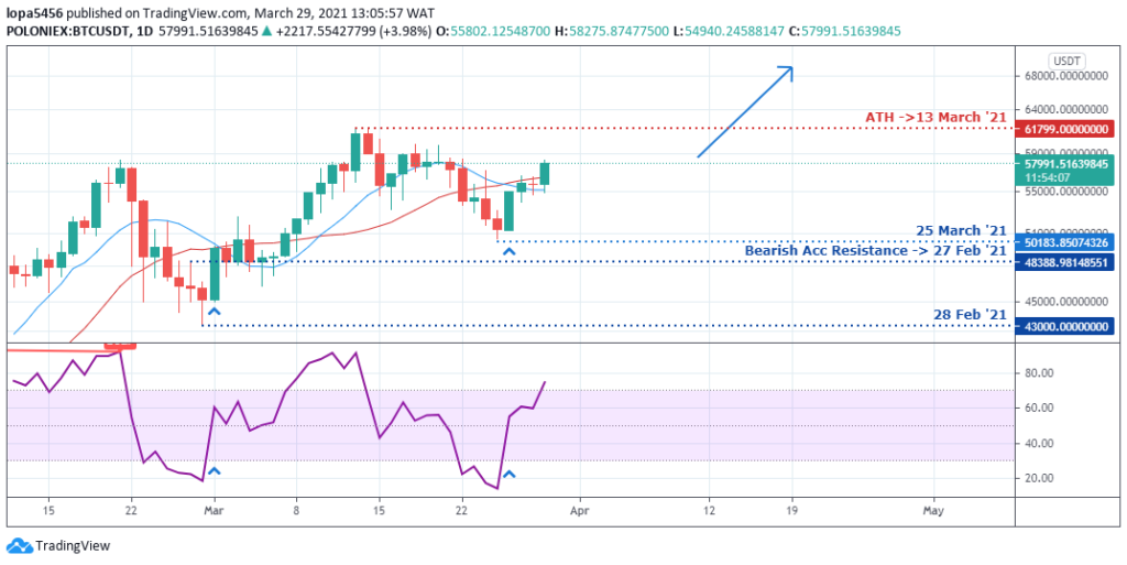 BTCUSD Daily Chart - 29th March 2021